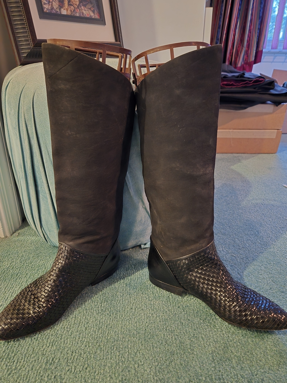 Via Spiga Woven Black Leather & Suede Knee-High Boots in Black Made In Italy 6B